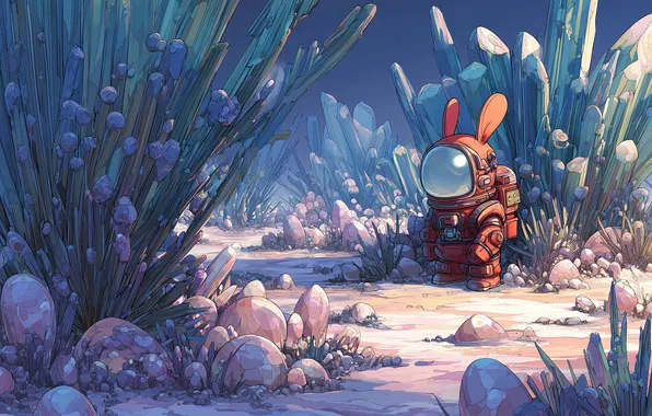 Science fiction, astronaut, spacesuit, AI art, illustration, rabbits, crystal, concept art
