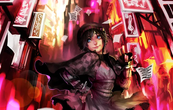 Girl, the city, lights, paper, notes, art, gesture, genki-de