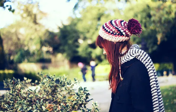 Girl, Park, hat, scarf, red, bokeh
