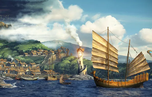 Picture sea, the city, ship, hero, sails, fanart, fanart, Morrowind