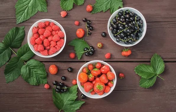 Leaves, berries, raspberry, table, strawberry, fruit, plates, currants