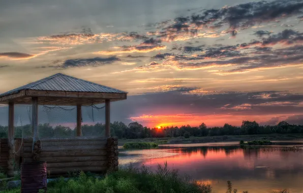 Landscape, sunset, lake, gazebo