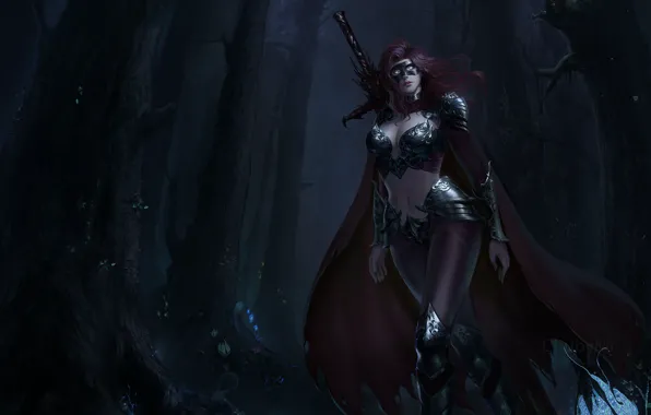 Girl, Night, Trees, Forest, Girl, Sword, Mask, Darkness