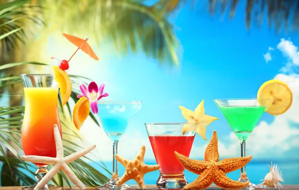 Summer, stars, lemon, orange, glasses, fruit, citrus, cocktails