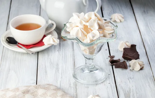 Tea, chocolate, dessert, meringue, meringue