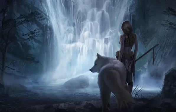 Girl, fiction, animal, waterfall, art, white wolf