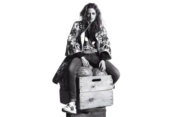 Picture jeans, makeup, jacket, hairstyle, white background, black and white, boxes, Kristen Stewart