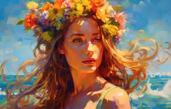 Summer, girl, flowers, nature, face, paint, portrait, picture