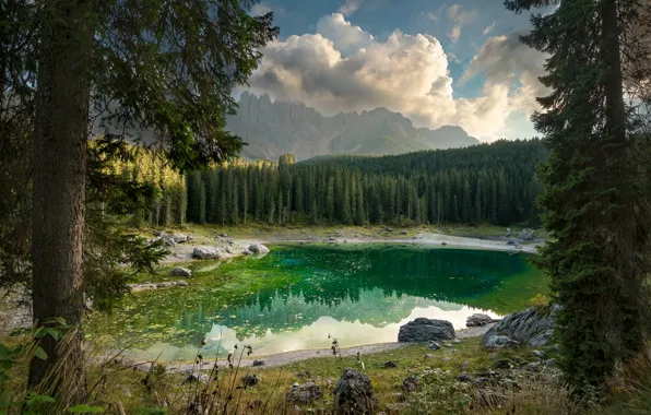 Trees, landscape, mountains, nature, lake, Italy, forest, The Dolomites