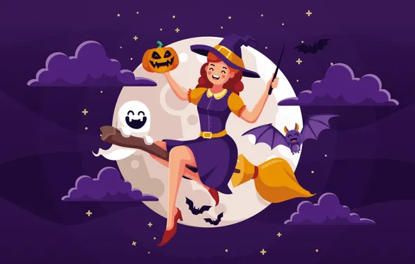Night, The moon, Clouds, Pumpkin, Witch, Halloween, Halloween, Bat