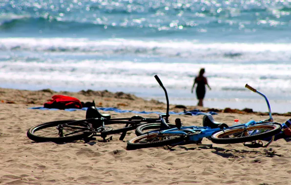 Sea, beach, stay, silhouette, bikes, halt