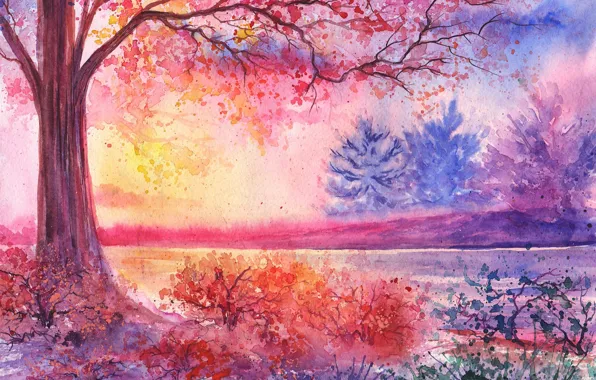 Picture river, tree, watercolor, the bushes, painted landscape
