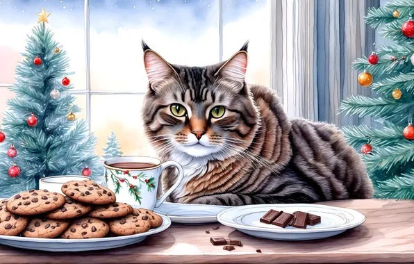 Cat, cat, new year, chocolate, Christmas, cookies