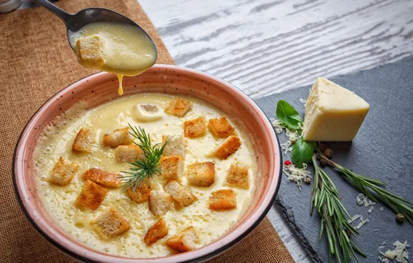 Cheese, dill, spoon, soup, rosemary, Parmesan, Basil, soup