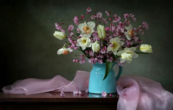 Style, Sakura, tulips, still life, daffodils, spring bouquet, the branches of cherry