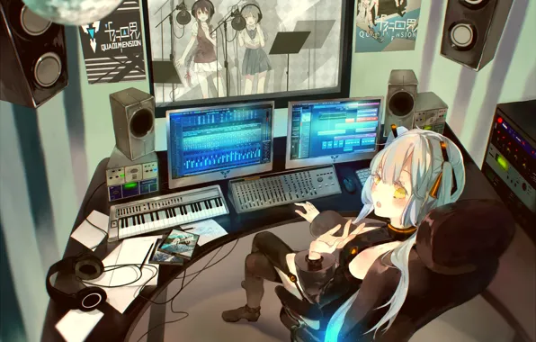 Wallpaper girls, room, wire, anime, headphones, art, microphone ...