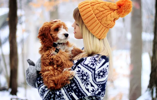 Girl, hat, dog, winter, snow, gloves