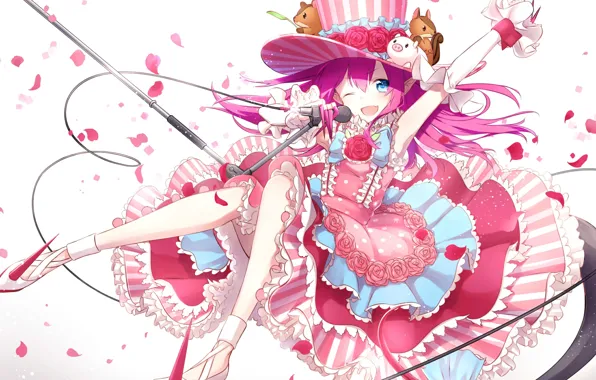 Girl, Petals, Microphone, Art, Pink color