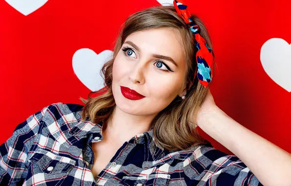 Picture girl, reverie, red, pose, background, heart, portrait, makeup