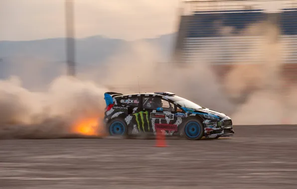 Picture fire, dust, ford, ken block, slip, fiesta, rx43