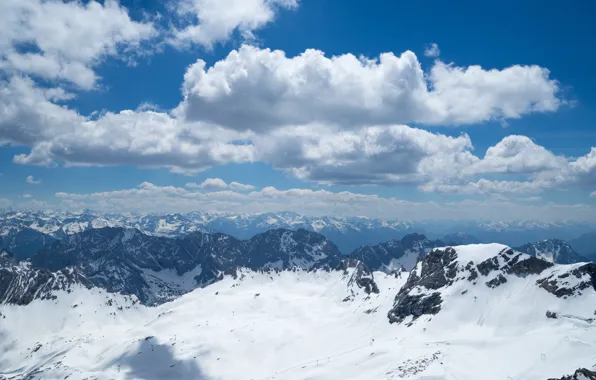 Winter, the sky, clouds, light, snow, mountains, blue, rocks
