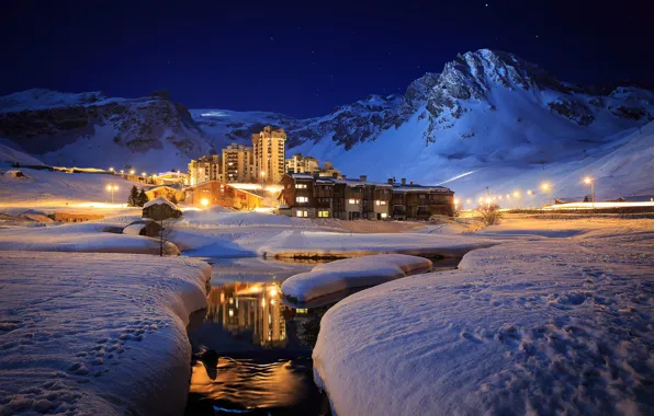 Winter, snow, mountains, night, river, resort, cottages