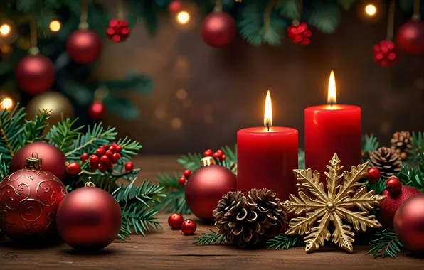 Balls, Board, candles, Christmas, New year, the scenery, snowflake, Christmas decorations
