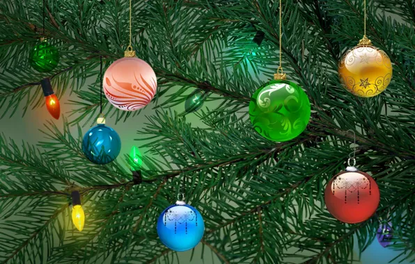 Balls, tree, new year, garland, merry christmas