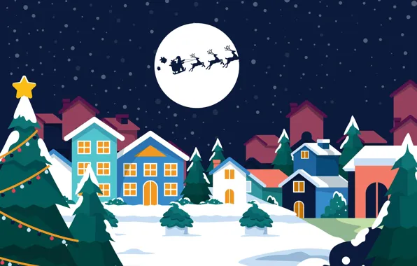 Home, The moon, Christmas, New year, Santa Claus, Deer, Tree, Sleigh