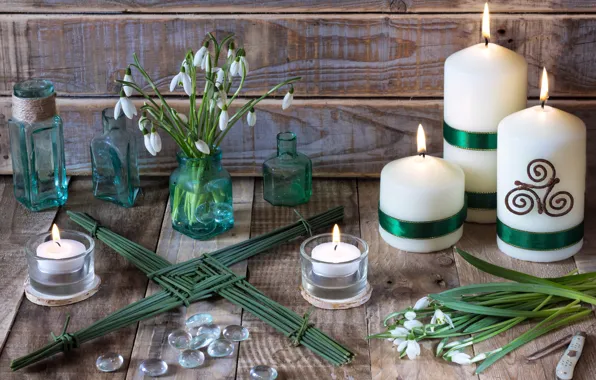 Flowers, bubbles, style, candles, snowdrops, bottle