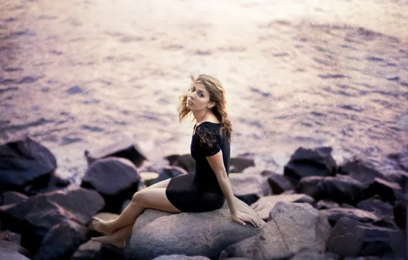 Sea, girl, style, stones