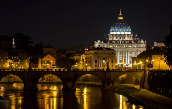 Night, bridge, lights, river, Rome, Italy, The Vatican, St. Peter's Cathedral