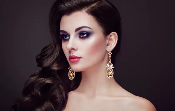 Picture decoration, background, portrait, earrings, makeup, brunette, hairstyle, beauty