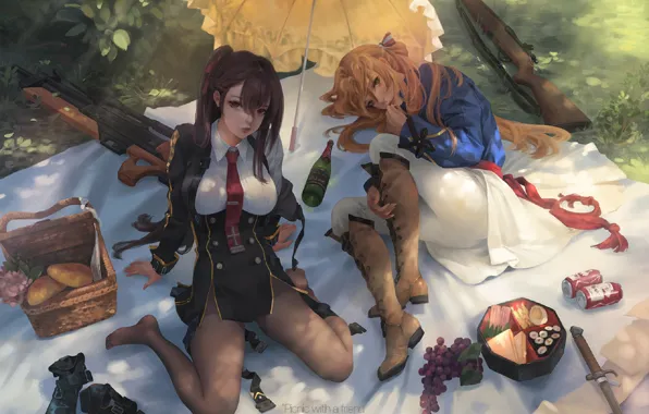 Bottle, boots, umbrella, grapes, dagger, picnic, basket, rifle