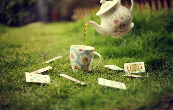 Greens, card, grass, lawn, tea, kettle, Cup