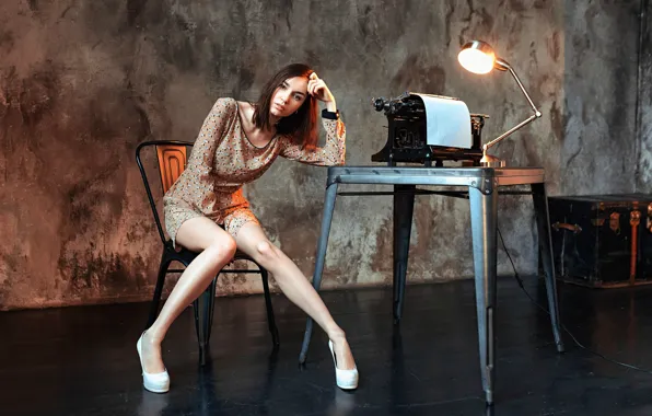 Girl, table, room, lamp, legs, typewriter, Dasha, Dashuta Berezina