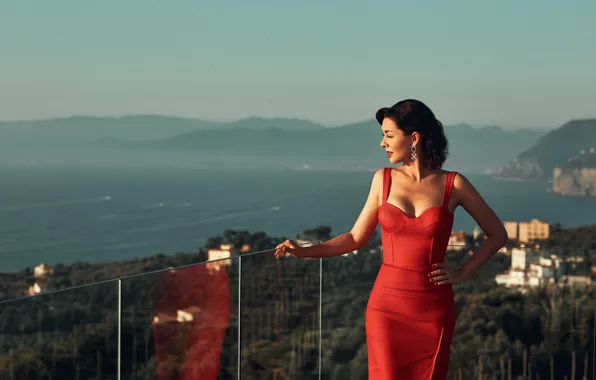 Sea, girl, mountains, earrings, slim, dress, brunette, is