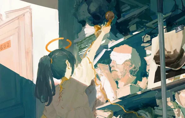 Girl, skull, phone, halo, bust