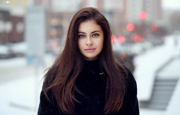 Picture winter, snowflakes, portrait, makeup, Alina, hairstyle, coat, brown hair