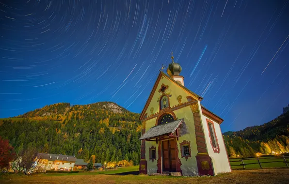 The sky, mountains, stars, Italy, chapel, The Dolomites