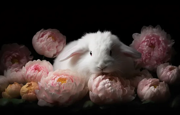 White, flowers, bouquet, rabbit, muzzle, pink, black background, Bunny