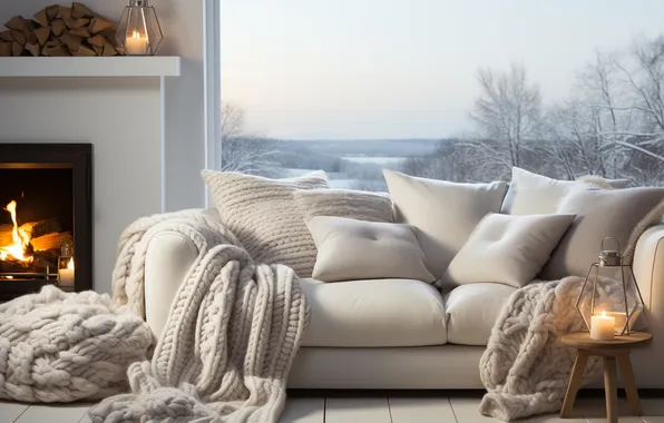 Winter, white, the sky, snow, trees, comfort, house, room