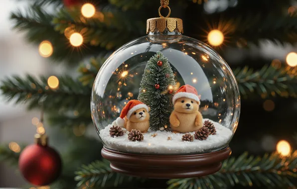 Snow, lights, transparent, the dark background, glass, ball, animals, Christmas