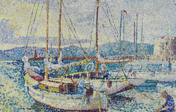 Boat, picture, Saint-Tropez, pointillism, Yvonne Canu, Yvonne Kahn