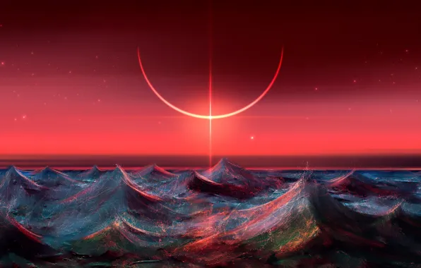 The sun, The sky, The ocean, Figure, Wave, The moon, Eclipse, Moon