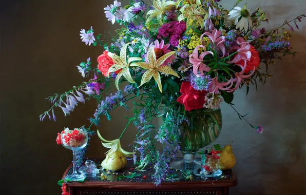 Flowers, style, berries, bouquet, still life, pear, currants, Mila Mironova