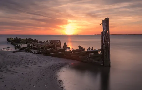 Sand, sea, the sky, the sun, clouds, sunset, shore, ship