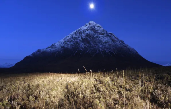 Field, grass, night, the moon, mountain