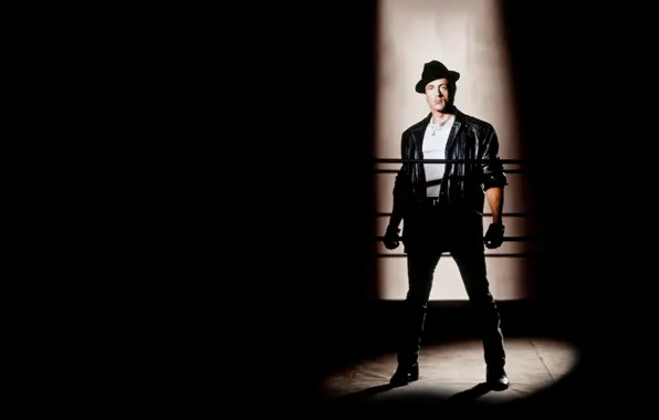 Gloves, ropes, black background, Sylvester Stallone, Sylvester Stallone, a beam of light, Rocky