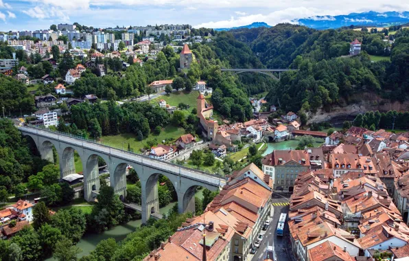 Trees, bridge, river, home, Switzerland, roof, Switzerland, Bridge